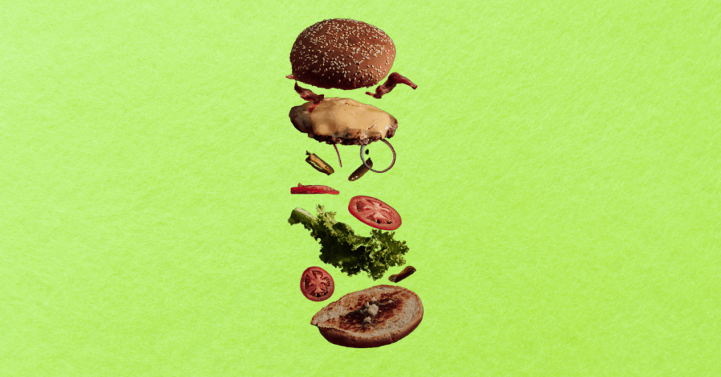 Hamburguesa tipo smashed con gráficos de tendencias digitales y la frase “Is this the next big trend?