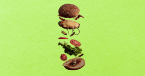 Hamburguesa tipo smashed con gráficos de tendencias digitales y la frase “Is this the next big trend?